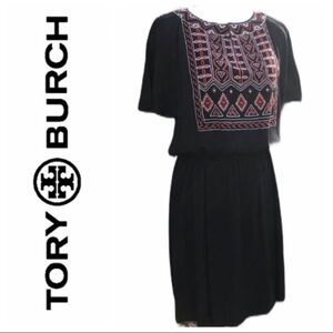 Tory Burch Bristol Silk Embroidered Embellished Black Dress Size 4